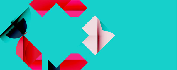 Fototapete - Abstract geometric shapes overlap turquoise background. Pink, red hues create dynamic visual effect. Modern design elements present.