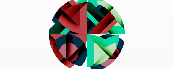 Fototapete - Abstract geometric design. Circular composition features overlapping triangles, reds, greens, blues. Modern, minimalist aesthetic.