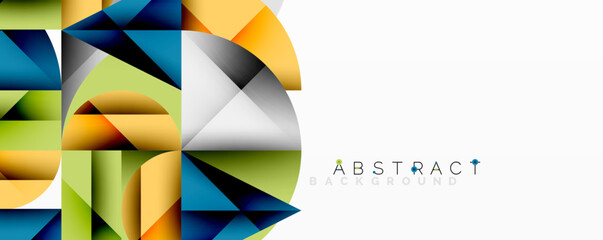 Fototapete - Geometric shapes create vibrant composition. Orange, blue, green hues dominate design. Modern aesthetic, clean lines present abstract background.