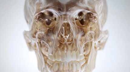 Wall Mural - close-up of a human skull, showcasing detailed bone structure, teeth, and eye sockets against a brig