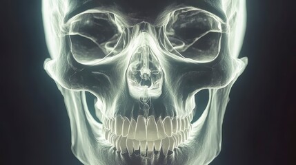 Wall Mural - close-up of a human skull, digitally enhanced, showcasing detailed bone structure and teeth.