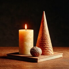 Leinwandbilder - A Serene Still Life: Candle, Textured Cone, and Seed Resting on an Ancient Book, Bathed in Soft Light