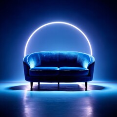 Poster - Blue Velvet Sofa Bathed in Neon Light, Modern Minimalist Aesthetic, Futuristic Interior Design.