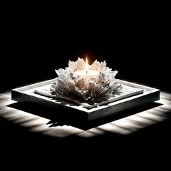 Aufkleber - Ethereal Candlelight: A Solitary Flame Illuminating a Textured, Abstract Floral Holder on a Wood-Grain Platform