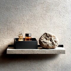 Poster - Minimalist Shelf Display: Stone, Black Box, and Glass Bottles Against a Textured Concrete Wall Backdrop.