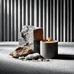 Poster - Rustic Still Life: A Lit Candle Amongst Stones and Shadowed Lines, Evoking Tranquility and Earthy Simplicity