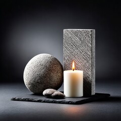 Poster - Serene Still Life: A Lit Candle Complemented by Natural Stone Textures on a Black Slate Surface, Evoking Tranquility.