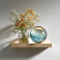 Poster - Still Life with Flowers and Orb: A Moment of Tranquility on a Light Wooden Shelf Against a White Wall.