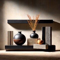 Poster - Still Life with Vases and Dried Wheat on Shelves, Featuring Texture and Contrasting Materials in Warm Light