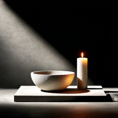 Poster - Stone Bowl and Candlelit Serenity: A Study in Texture, Light, and Shadow on a Concrete Surface.