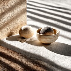 Poster - Still Life with Textured Surfaces, Geometric Shadows, and Earthy Tones Presents a Minimalist Aesthetic.