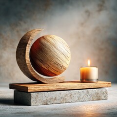 Aufkleber - Wooden Sphere in a Crescent Holder with a Candle, Minimalist Aesthetic, Stone Base and Textured Background