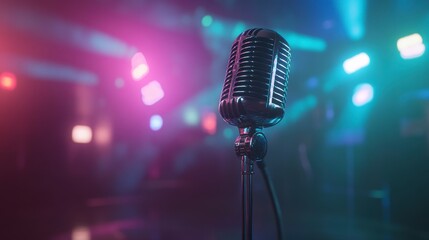 Wall Mural - retro microphone on stage with colorful lights.