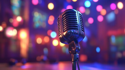 Wall Mural - retro microphone on stage with colorful bokeh lights.