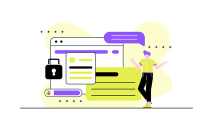 Man standing beside a web page with a lock on it. Cybersecurity concept suitable for technology, privacy, internet security concepts.