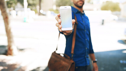 Wall Mural - mockup space, phone screen and man outdoor in city for networking, communication or connectivity. te