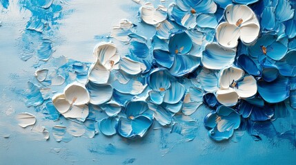 Wall Mural - close-up of a textured painting depicting blue and white flowers with visible brushstrokes.