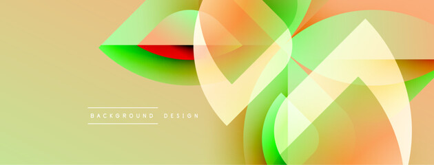 Fototapete - Abstract geometric shapes overlap, creating vibrant color gradients. Soft yellow background complements green, orange hues. Modern design element.