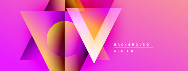 Leinwandbilder - Abstract geometric design. Pink, purple, yellow gradients create layered triangles, circle. Modern background for presentations, graphics.
