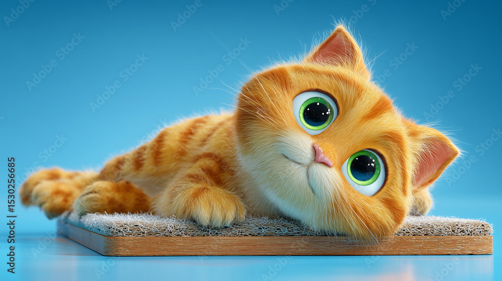 Cartoon Orange Tabby Cat With Big Green Eyes Lying Down Stock Photo ...