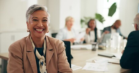 Poster - Face, mature and business woman laugh in meeting for corporate planning, budget and finance team. Financial, female leader and happy for career growth, training or professional pride in office