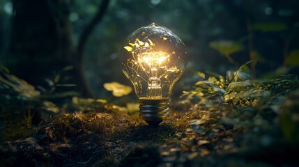 Wall Mural - glowing lightbulb with plants inside sits on forest ground.