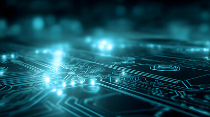 Futuristic blue circuit lines on geometric tech background, symbolizing digital innovation and advanced technology