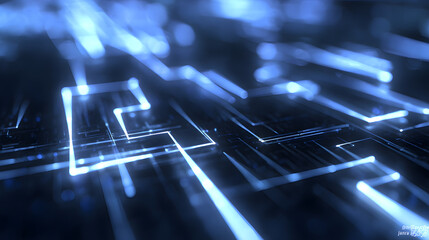 Futuristic blue circuit lines on geometric tech background, symbolizing digital innovation and advanced technology