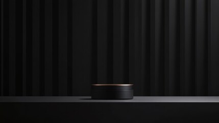Wall Mural - black cylindrical container with copper lid on dark grey surface against grooved black background.
