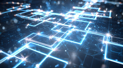 Futuristic blue circuit lines on geometric tech background, symbolizing digital innovation and advanced technology