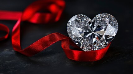 Canvas Print - sparkling heart-shaped diamond adorned with a red ribbon on a dark background.