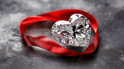 Canvas Print - sparkling heart-shaped diamond gemstone on red ribbon.