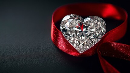 Canvas Print - sparkling heart-shaped diamond on red ribbon.