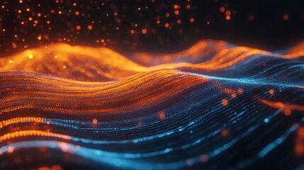 Wall Mural - abstract digital wave with glowing particles, orange and blue hues, flowing motion.