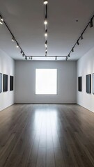 Wall Mural - bright and clean exhibition space with black artwork, track lighting system, smooth hardwood floor, 