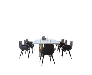 Fototapete - Modern corporate meeting room table with black chairs isolated on white background for office work or business conference layout template element. 3D Rendering