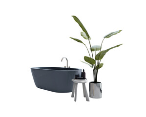 Fototapete - Modern dark bathtub with indoor plant and stool with spa accessories on clean white background. Elegant bathroom layout element template. 3D Rendering