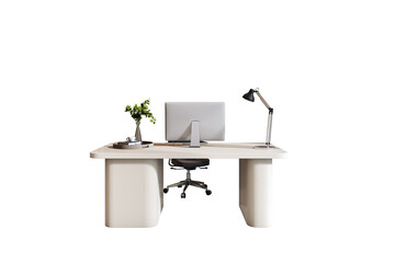 Fototapete - Modern minimalist office desk with computer, lamp, and decor on clean white background, isolated for business workspace design concepts. 3D Rendering