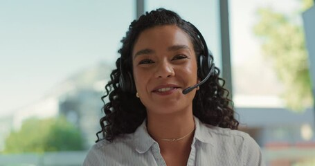 Aufkleber - Conversation, face and headset with woman in call center for communication, feedback or support. Assistance, contact us and help with friendly agent in workplace for customer service or review