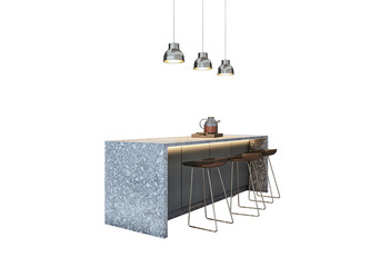 Fototapete - Modern kitchen island with terrazzo finish, bar stools, and hanging pendant lights isolated on white background. Interior design concept layout. 3D Rendering