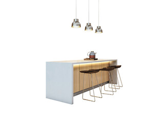 Aufkleber - Modern kitchen island with bar stools and pendant lights on white background, ideal layout element for interior design and architecture collages. 3D Rendering