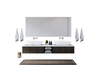 Fototapete - Modern double sink bathroom vanity with towels, accessories, and large mirror isolated on white background for clean interior concept design template. 3D Rendering