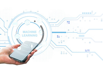Leinwandbilder - Smartphone in hand with futuristic machine learning interface and digital AI technology background on white for innovation and business concept. 