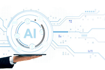Leinwandbilder - Artificial intelligence technology interface hovering above digital tablet held by hand on futuristic white background with circuit layout. 