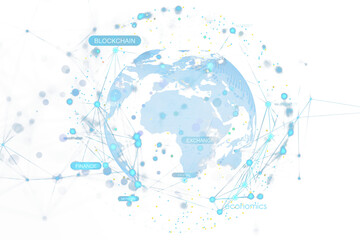 Leinwandbilder - Digital global network with blockchain and finance connections surrounding Earth in neon blue on white background, modern technology concept template. 3D Rendering