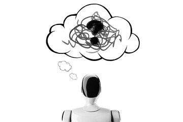 Fototapete - Humanoid robot under thought cloud with scribbled question mark symbolizing confusion and artificial intelligence query concept. 3D Rendering