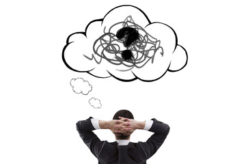 Fototapete - Businessman from rear view thinking with hands behind head, sketchy cloud with scribbles and question mark symbolizing confusion and problem. 
