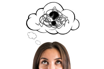 Fototapete - Woman looking up at sketchy thought bubble with tangled scribbles and question mark symbol on clean white isolated background. 