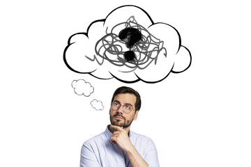 Fototapete - Pensive businessman with hand-drawn thought cloud containing scribbles and question mark symbol on clean white background for concept design. 