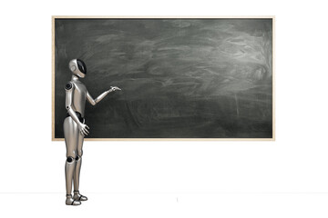 Fototapete - Futuristic humanoid robot pointing at blank chalkboard in classroom scene on white background, symbolizing AI in education and modern learning. 3D Rendering